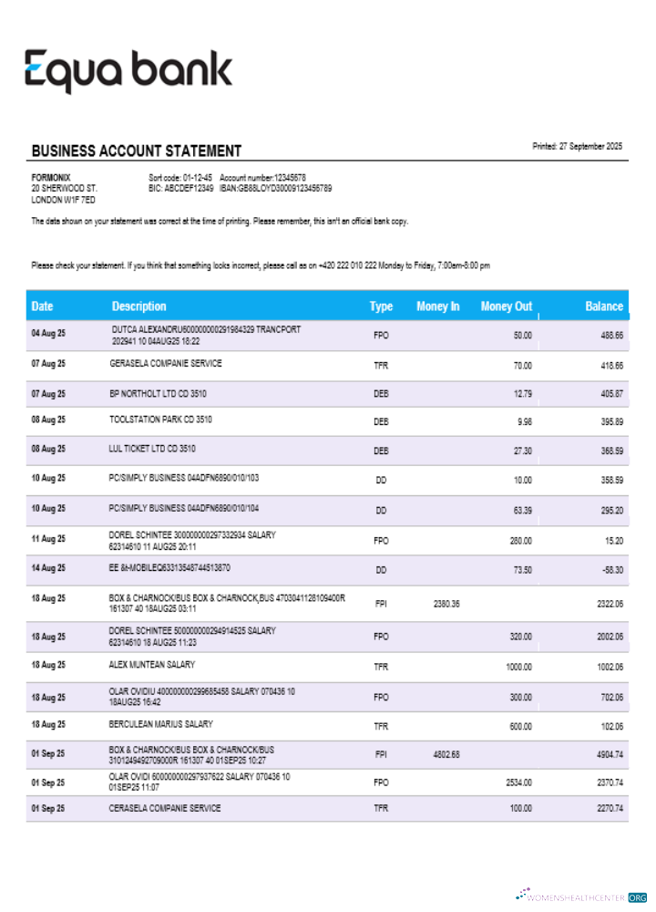 Download Equabank bank firm account statement Word and PDF template Photoshop template